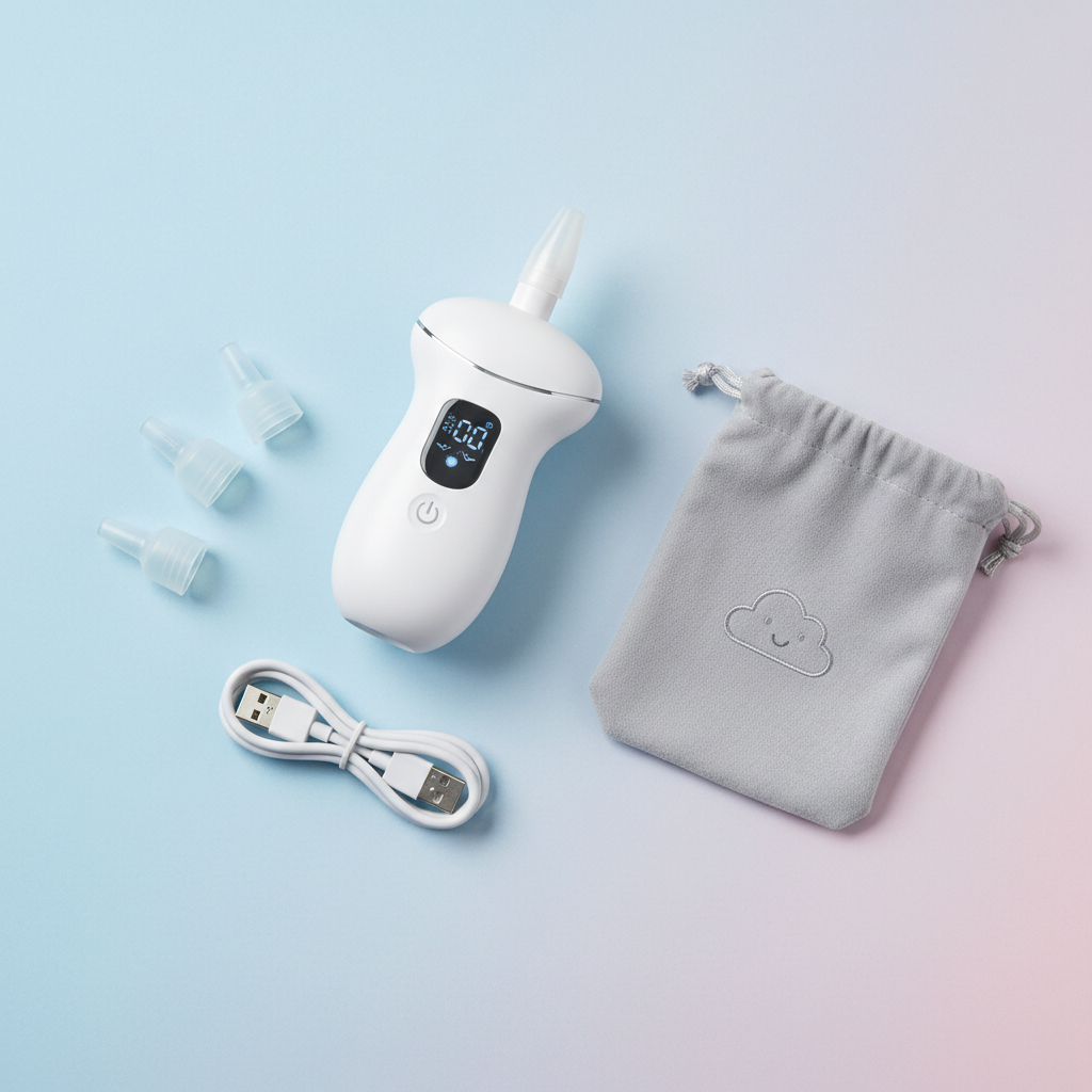 Flat lay of baby nasal aspirator kit with all accessories