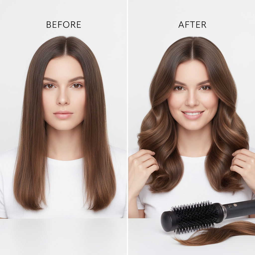 Before and after hair transformation using hot air brush styler