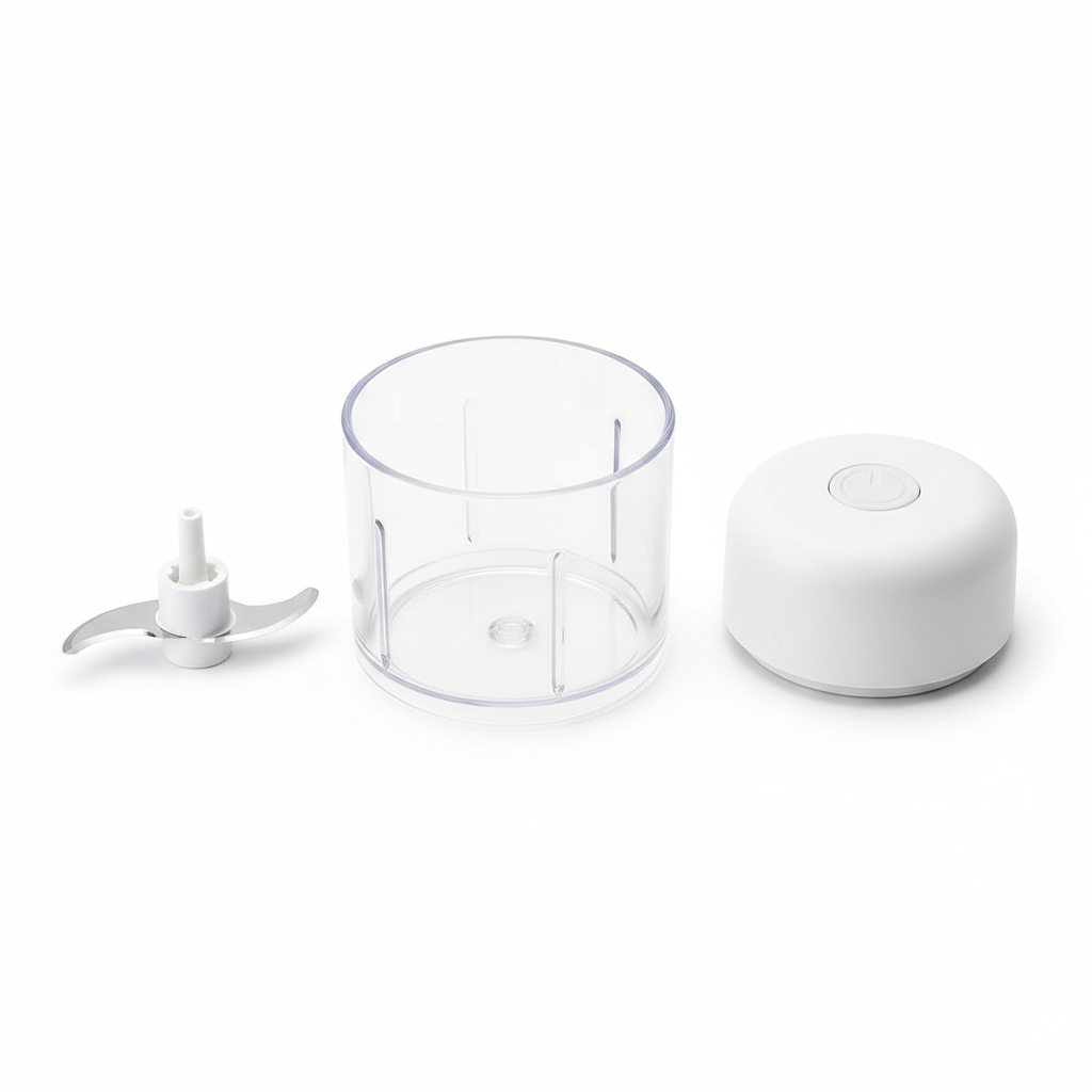 Mini electric food chopper disassembled showing bowl, blade and lid