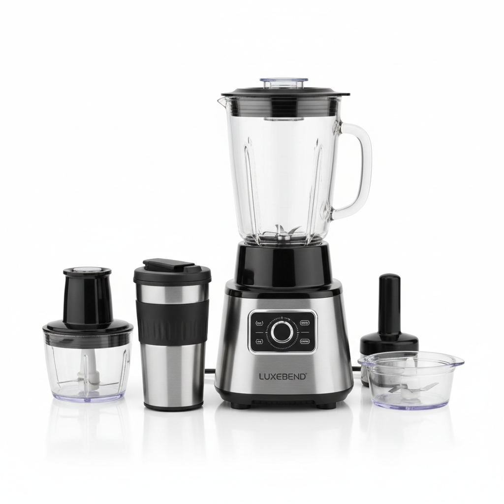 Raf 4-in-1 blender set with all attachments on white background