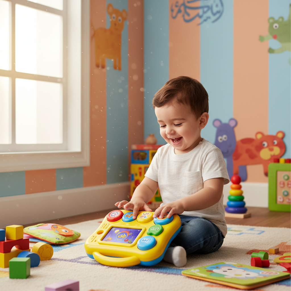 Child pressing buttons on yellow Arabic learning tablet toy