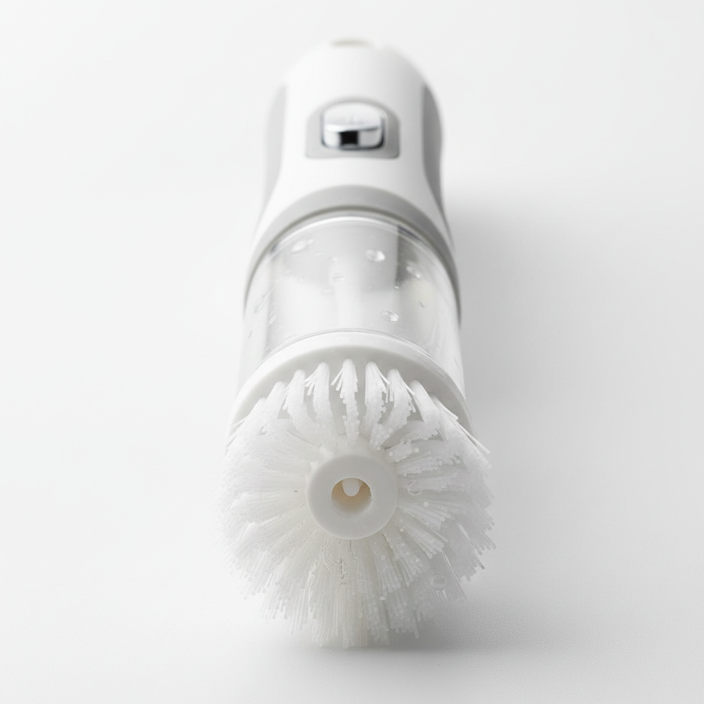 Close-up of cleaning brush bristle head and soap dispenser nozzle