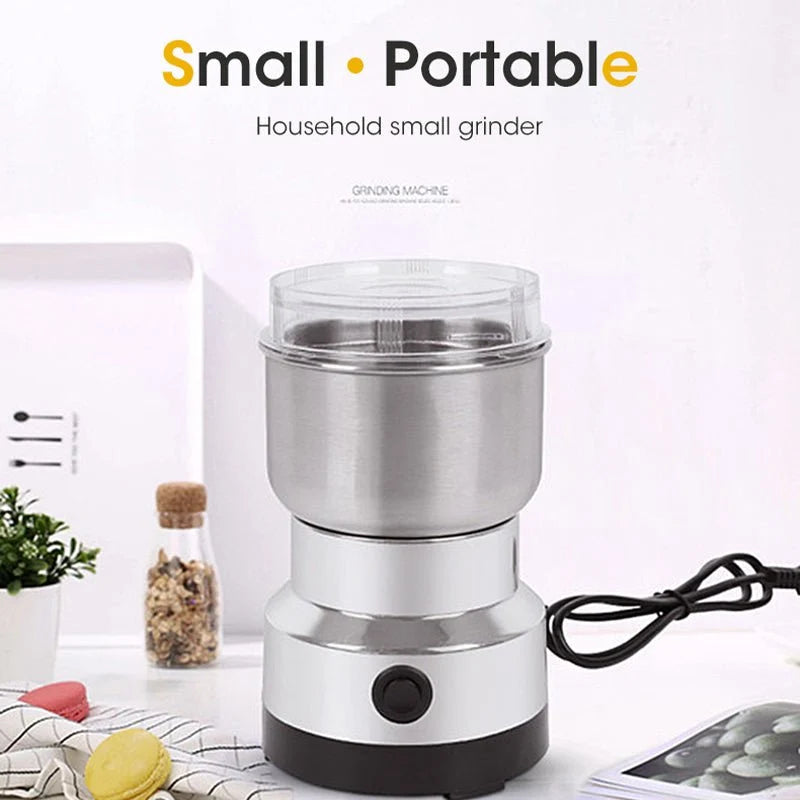 Small portable stainless steel electric grinder on kitchen countertop with text Small Portable Household Grinder